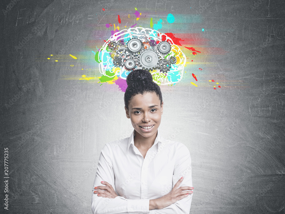 Cheerful young African American woman, cog brain Cheerful young African American woman, cog brain