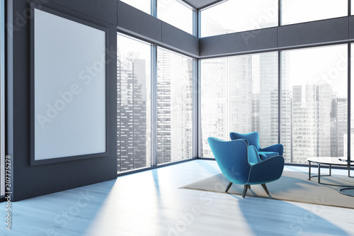Penthouse living room blue armchair, poster