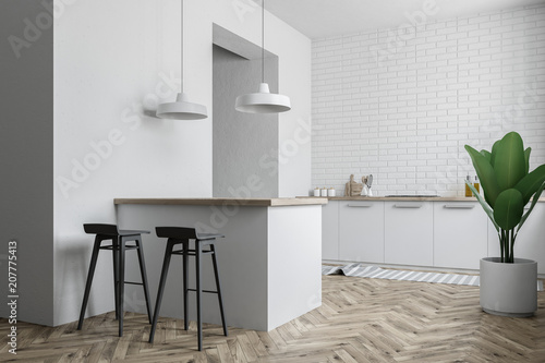 White modern kitchen interior, bar stools