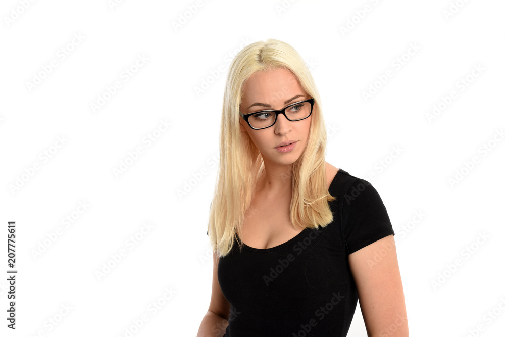 portrait of pretty blonde girl wearing glasses and black shirt. isolated on white background. portrait of pretty blonde girl wearing glasses and black shirt. isolated on white background.