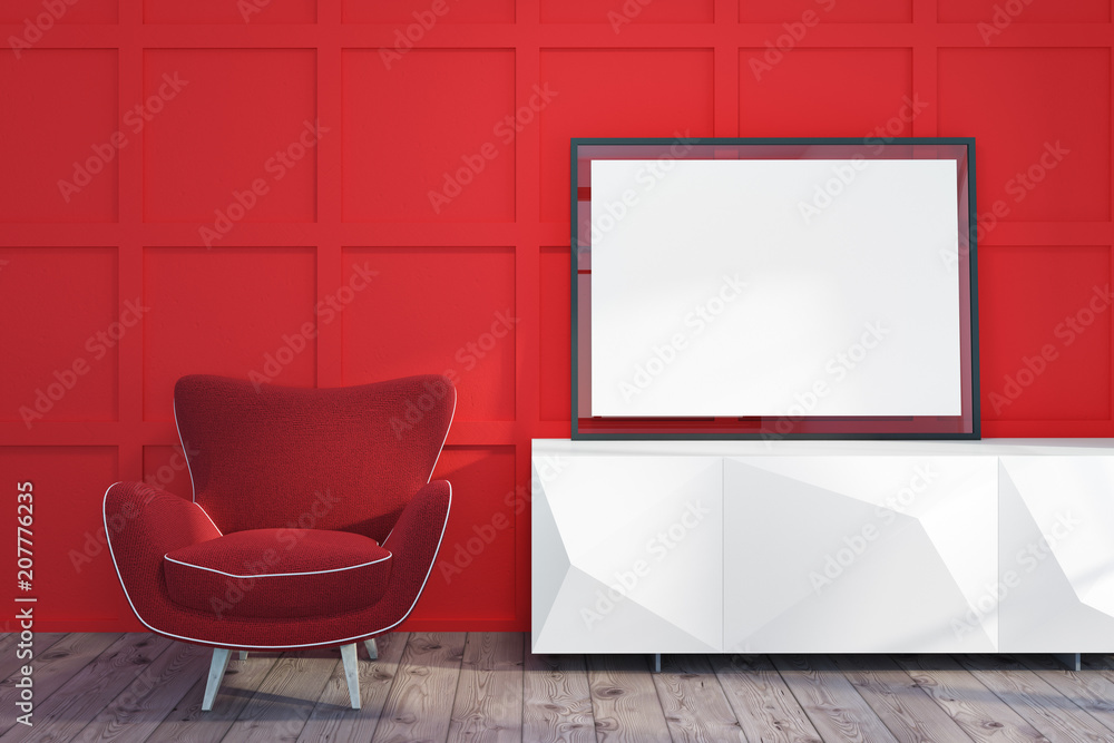 Red modern living room, armchair and poster Red modern living room, armchair and poster