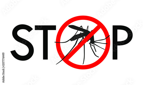 Symbol or sign stop mosquito. Red prohibition sign on black silhouette mosquito and text "stop". Abstract vector illustration.