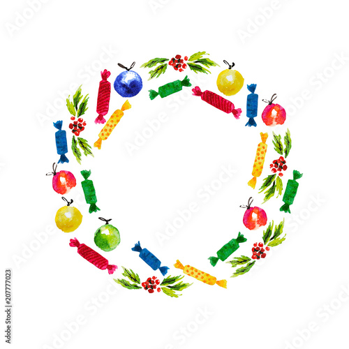 Vector artistic watercolor hand drawn Merry Christmas decoration wreath with candy &holly berry branches isolated on white background. Congratulation design element, card, invitation, banner, package.