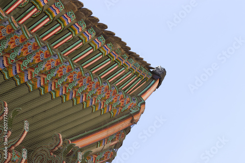 Pagoda roof against the sky, bottom view