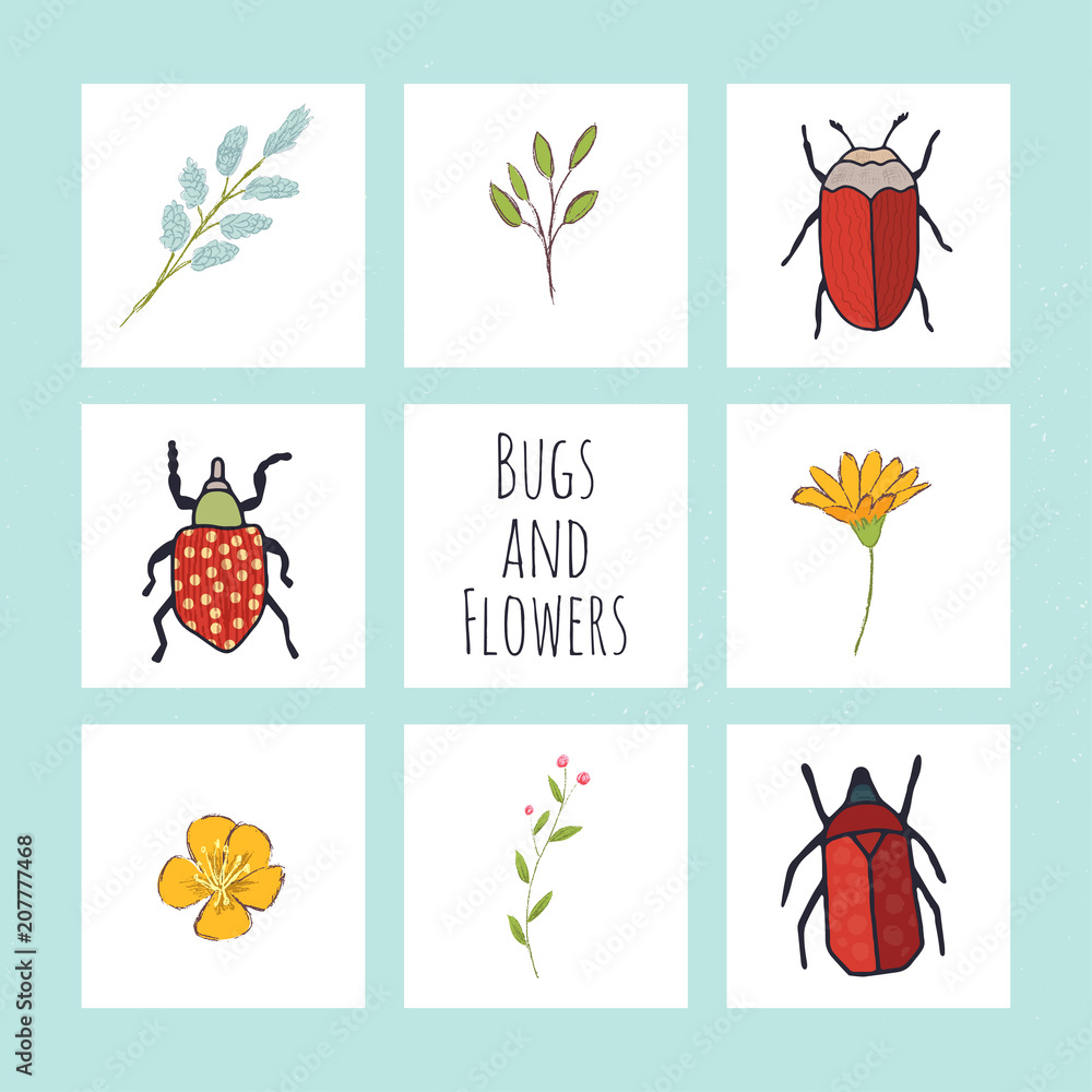 Cards with flowers, greenery and cute bugs