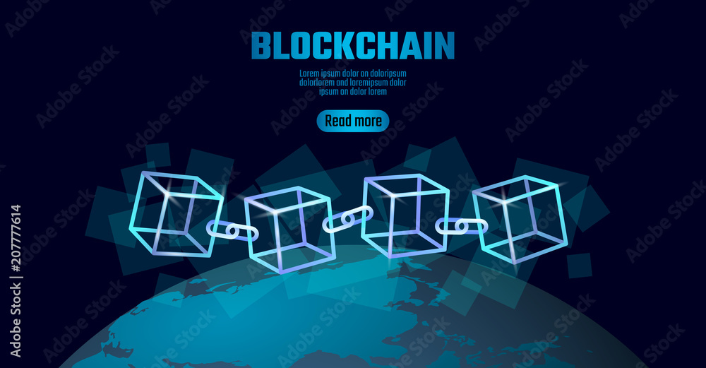 Blockchain cube chain symbol on square code big data flow information. Blue neon glowing planet Earth globe. Cryptocurrency finance bitcoin business concept vector illustration background template