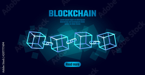 Blockchain cube chain symbol on square code big data flow information. Blue neon glowing modern trend. Cryptocurrency finance bitcoin business concept vector illustration background template