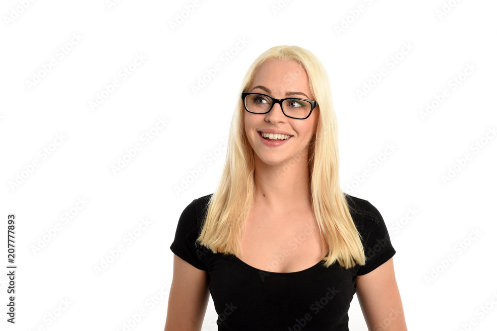 portrait of pretty blonde girl wearing glasses and black shirt. isolated on white background. portrait of pretty blonde girl wearing glasses and black shirt. isolated on white background.