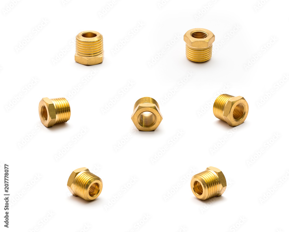 Hardware parts brass reducer joiner connector for air oil water gas on white background Hardware parts brass reducer joiner connector for air oil water gas on white background