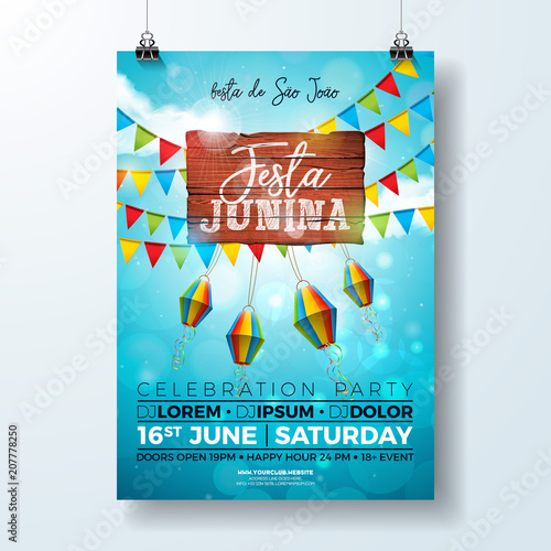 Festa Junina Party Flyer Illustration with typography design on vintage wood board. Flags and Paper Lantern on Blue Sky Background. Vector Brazil June Festival Design for Invitation or Holiday
