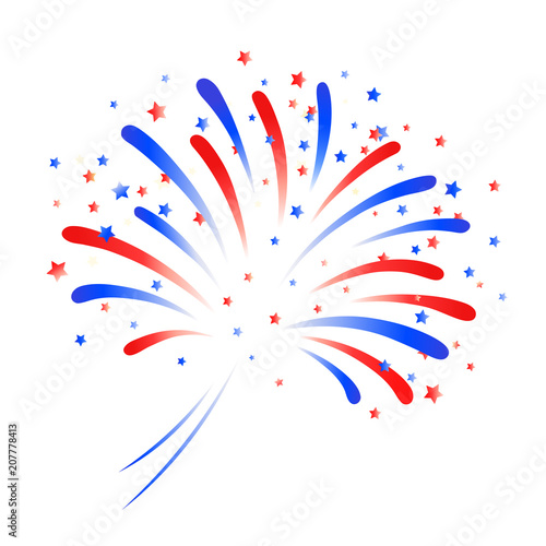 Vector fireworks for Independence day. Blue and red fireworks with stars. 4 of July USA greeting card. USA symbol colors. Greeting badge, emblem, design element