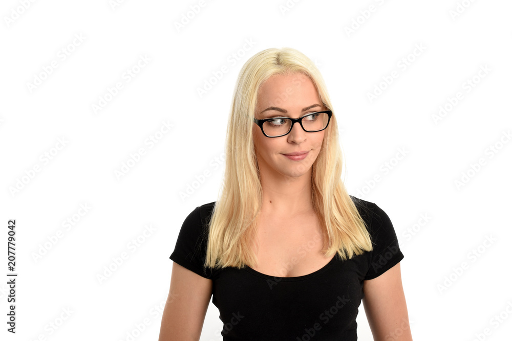 portrait of pretty blonde girl wearing glasses and black shirt. isolated on white background. portrait of pretty blonde girl wearing glasses and black shirt. isolated on white background.