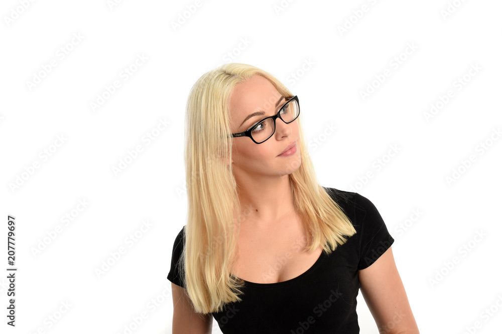 portrait of pretty blonde girl wearing glasses and black shirt. isolated on white background. portrait of pretty blonde girl wearing glasses and black shirt. isolated on white background.