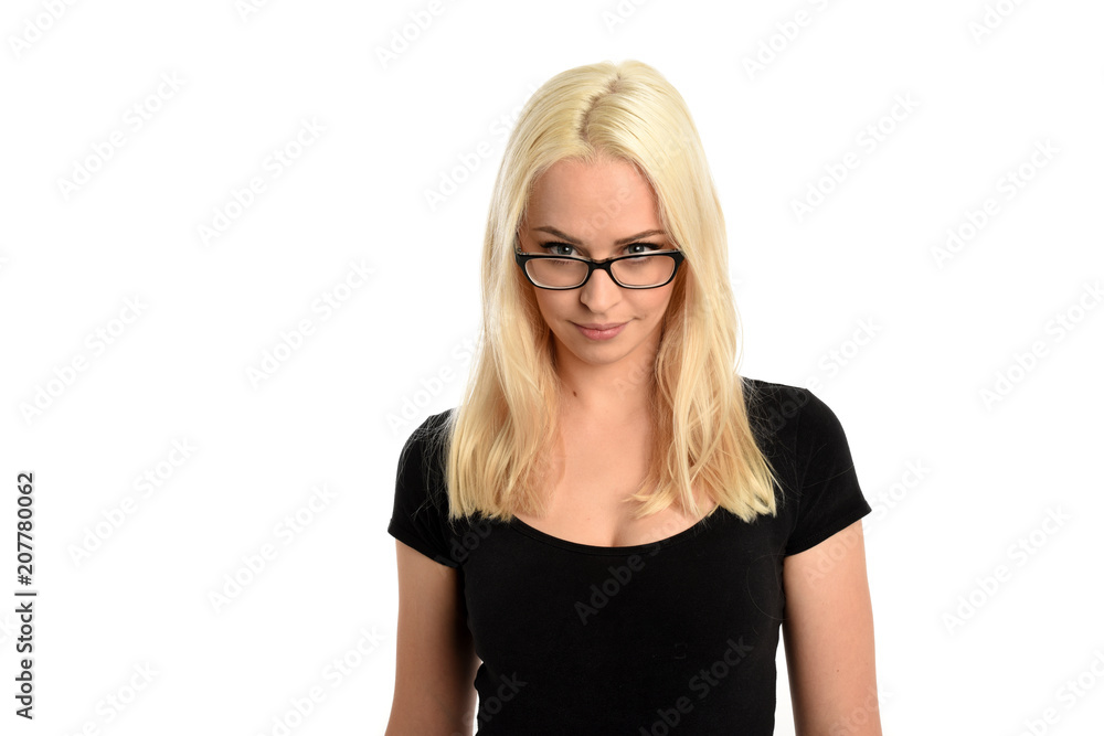 portrait of pretty blonde girl wearing glasses and black shirt. isolated on white background. portrait of pretty blonde girl wearing glasses and black shirt. isolated on white background.
