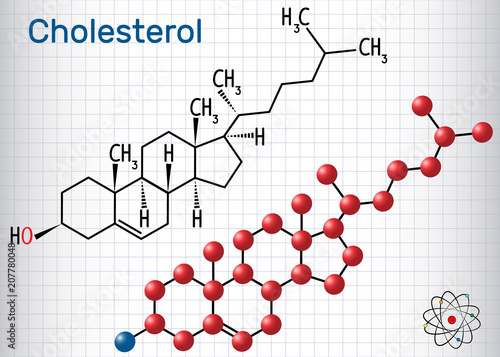 Cholesterol molecule. Structural chemical formula and molecule model. Sheet of paper in a cage