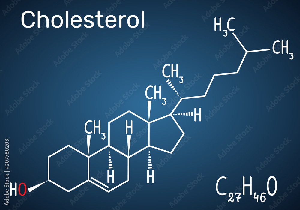 Cholesterol molecule. Structural chemical formula and molecule model on the dark blue background