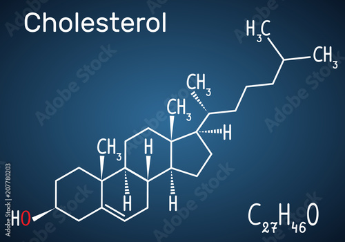 Cholesterol molecule. Structural chemical formula and molecule model on the dark blue background