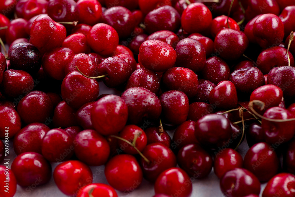 Cherries with water drops header. Macro berries shot with copy space Cherries with water drops header. Macro berries shot with copy space
