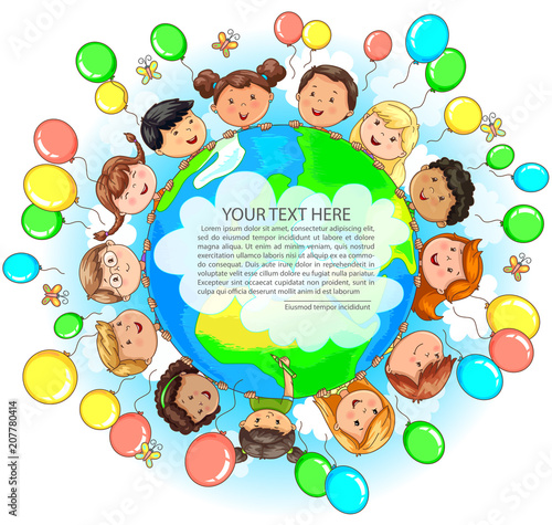 Cute kids different nationalities hold Earth balloons around and place for your text