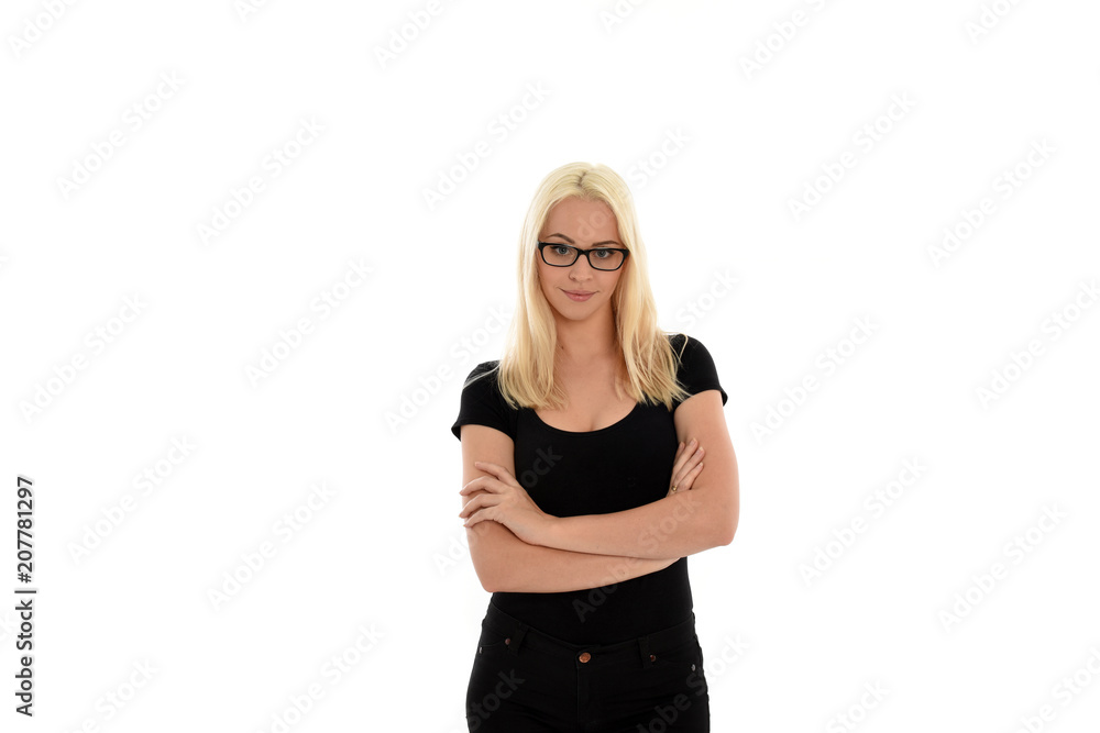 portrait of blonde girl wearing glasses and a black shirt, isolated on white background. portrait of blonde girl wearing glasses and a black shirt, isolated on white background.