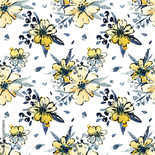 Watercolor floral hand drawn colorful bright seamless pattern