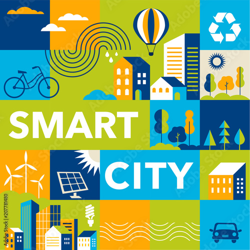 Green city, smart city concept, modern design. Geometric urban landscape