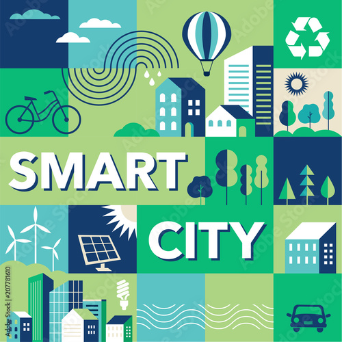 Green city, smart city concept, modern design. Geometric urban landscape