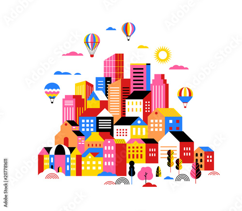 City landscape, geometric urban scene, smart city concept illustration and banner