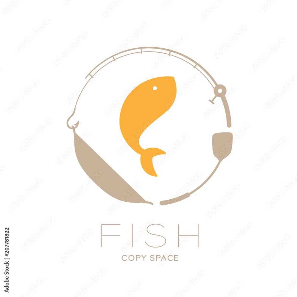Fish jumping in Fishing rod, pan and flipper frame circle shape, logo icon set design illustration isolated on white background with Fish text and copy space Fish jumping in Fishing rod, pan and flipper frame circle shape, logo icon set design illustration isolated on white background with Fish text and copy space