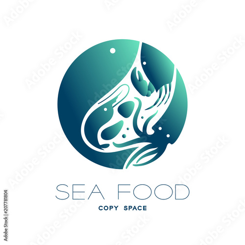 Fish, prawn, shell, crab and squid circle shape, logo icon set design green and dark blue gradient color illustration isolated on white background with Seafood text and copy space