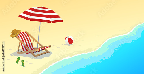 Beautiful summer landscape with azure sea or ocean and a bright chaise longue, hat, beach ball and sandals on a sandy beach