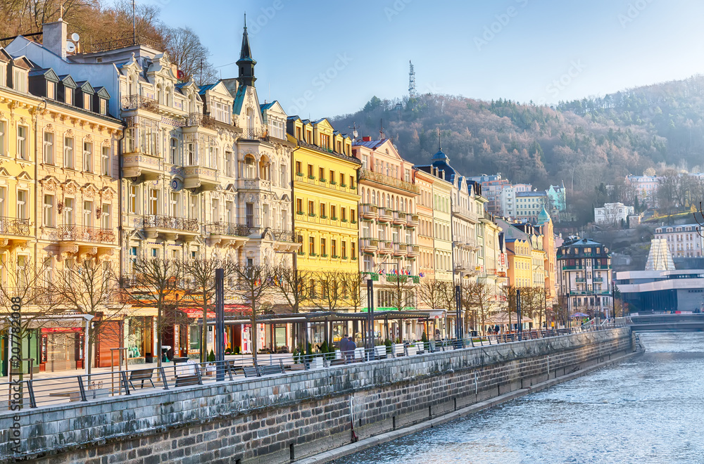 Houses in city center of Karlovy Vary on the Tepla river. Karlovy Vary Carlsbad is world famous for its mineral springs. Czech Republic resort