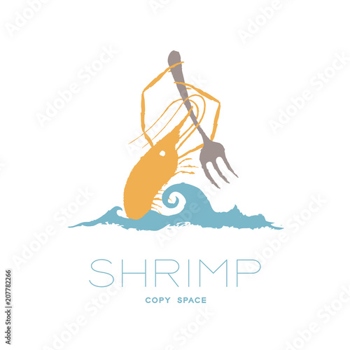 Prawn holding fork on wave, logo icon set brush design orange color illustration isolated on white background with Crab text and copy space