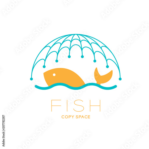 Fish and sea in Fishing net curve frame, logo icon set design illustration isolated on white background with Fish text and copy space