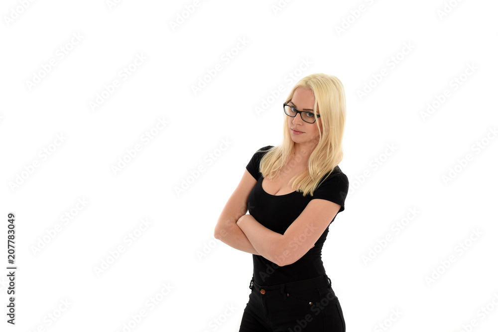 portrait of blonde girl wearing glasses and a black shirt, isolated on white background.