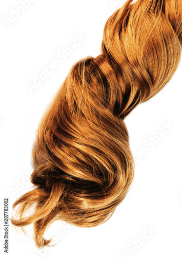long curly strawberry blond hair isolated on white background