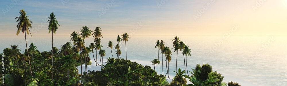 sunset panorama over a tropical beach, ocean sunrise,
3D rendering