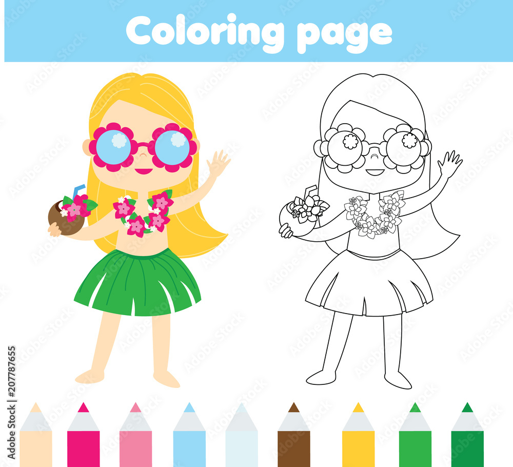 summer holidays coloring page for kids girl in tropical hawaiian costume printable activity for children and toddlers stock vector adobe stock
