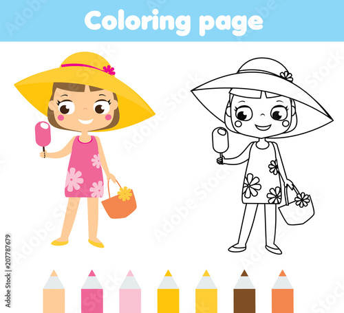Summer holidays coloring page for kids. Cartoon girl in beach dress eating  ice cream. Printable activity for children and toddlers Stock Vector |  Adobe Stock