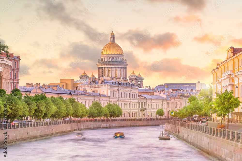 Saint Isaac Cathedral across Moyka river in St. Petersburg