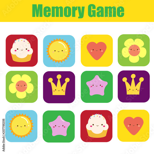 Memory game for toddlers with cute symbols. Educational activity for children and kids. Find pairs of same images