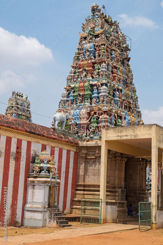 The colorful entrance gateway, or Gopuram, at the Sri Desikanathar Hindu temple in Soorakudi in Tamil Nadu state, India. The temple originated in the 8th century
