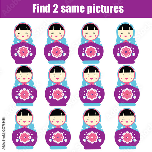 Find the same pictures children educational game. Find pairs of matreshka dolls.