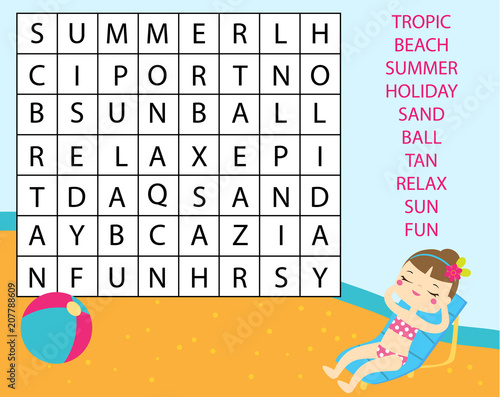 Educational game for children. Word search puzzle kids activity. Summer holidays theme learning vocabulary.