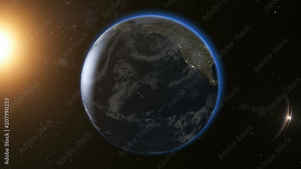 Obraz premium Space view on Planet Earth and Sun Star rotating on its axis in black Universe. Seamless loop with day and night city lights change. Astronomy and science concept. Elements of image furnished by NASA