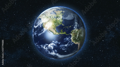 Realistic Earth Planet, rotating on its axis in space against the background of the star sky. Seamless loop. Astronomy and science concept. Night city lights. Elements of image furnished by NASA