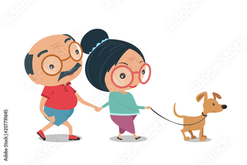 Old couples, man and woman in sport wear with a puppy isolated on white background. Cartoon vector illustration.