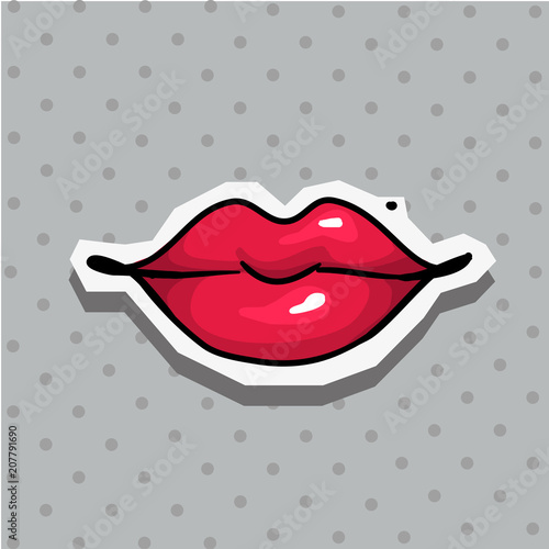 Fashion patch badge with sexy closed red lips with beauty spot pop art style sticker with dot background
