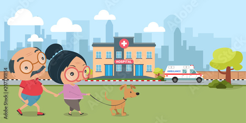 Old couples, man and woman in sport wear with a puppy relaxing on lawn in hospital. Cartoon vector illustration.