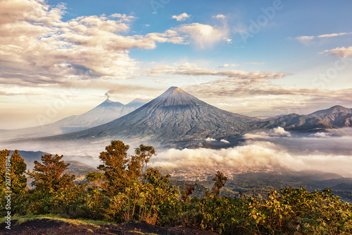 Volcanoes Fuego (active), Acatenango and Agua, View from Pacaya, Guatemala